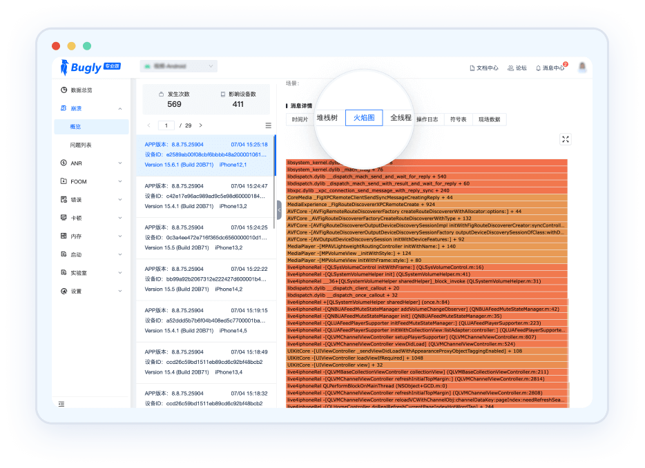 Bugly iOS ANR火焰图与堆栈树分析界面